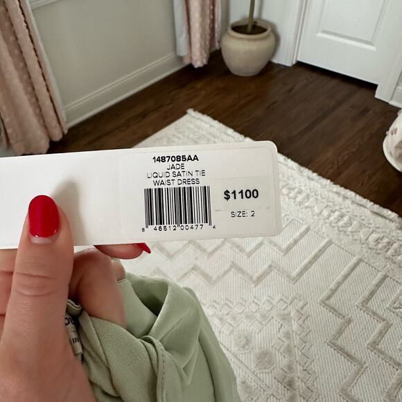 EDUN Liquid Satin Tie Waist Short Sleeve Dress Jade 2 $1100 - Picture 7 of 9